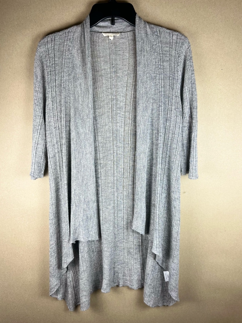 NWOT Eileen Fisher Gray Ribbed Open Cardigan Linen Viscose Longline 3/4 Sleeve S